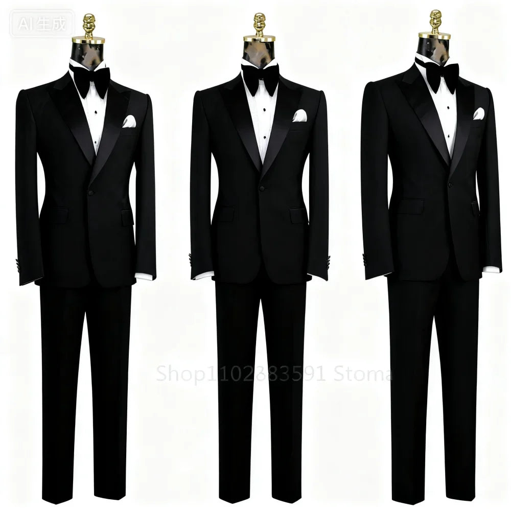 Men's Double-Breasted Suit Set – Peak Lapel, Solid 2-Piece for Wedding & Formal Occasions