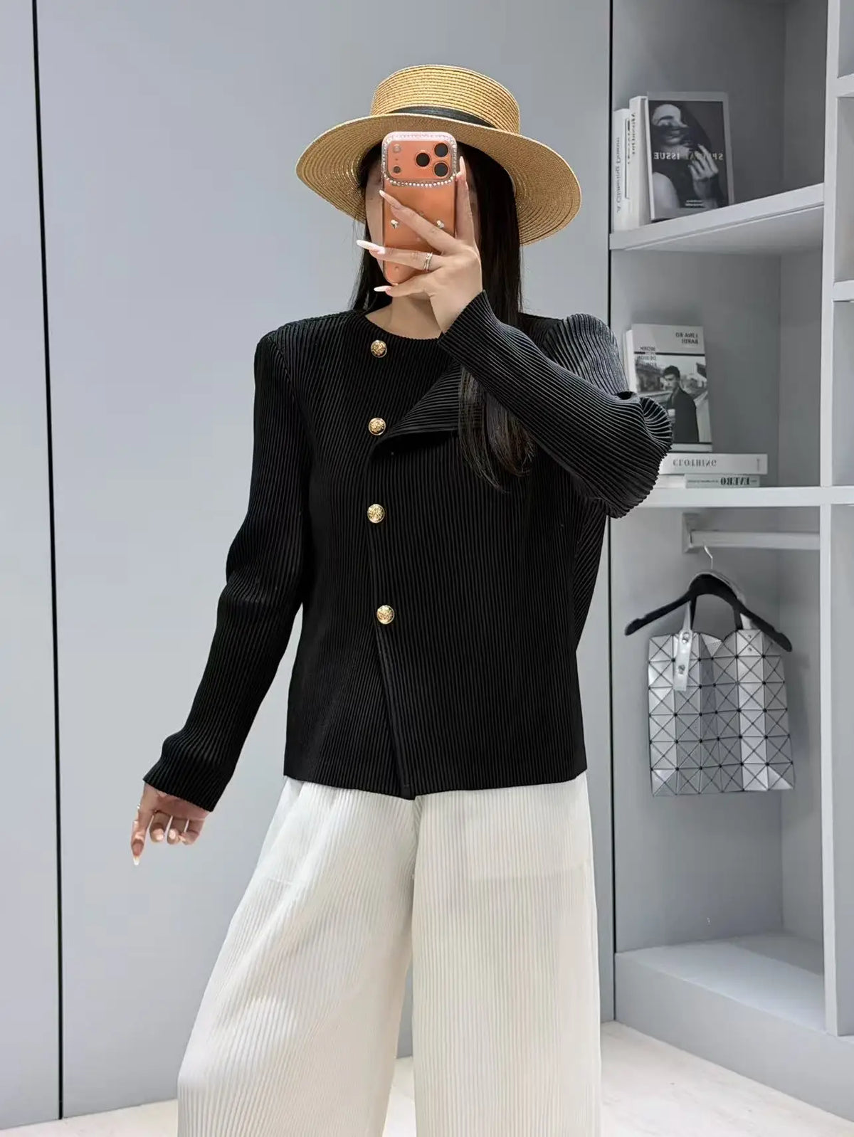 Style Pleated Blazer  in Spring and Autumn Irregular Design Large Lapel Cardigan Temperament Versatile Pleated Top