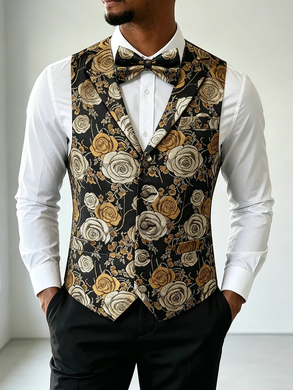 Men's Jacquard Floral Vest – Notched Lapel Waistcoat with Bowtie for Wedding & Formal Events