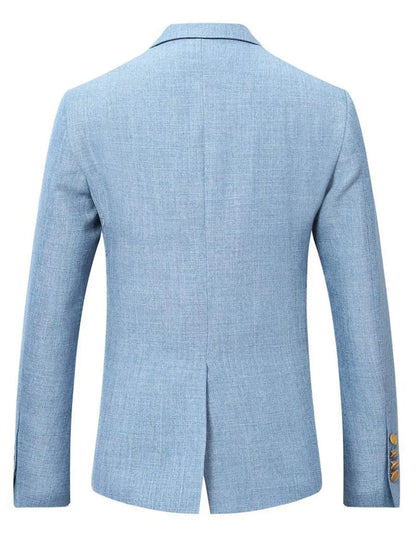 Blue/Beige Linen Men Suits Peak Lapel Slim Fit One Gold Button Blazer Vest Pants Groom Tuxedos Wedding Prom Dinner 3 Piece Set