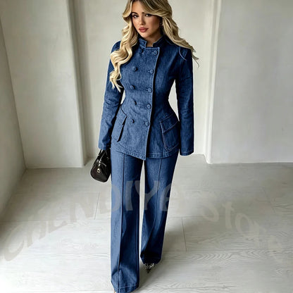 Women‘s Dark Blue Denim 2-Piece Suit Set Tailored Double Breasted Stand Collar Smart Casual Streetwear Chic Daily Outfits