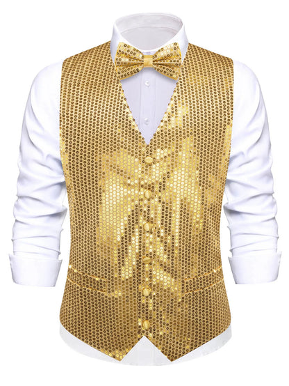 Men's Sequin Suit Vest with Bow Tie Set for Weddings and Formal Events