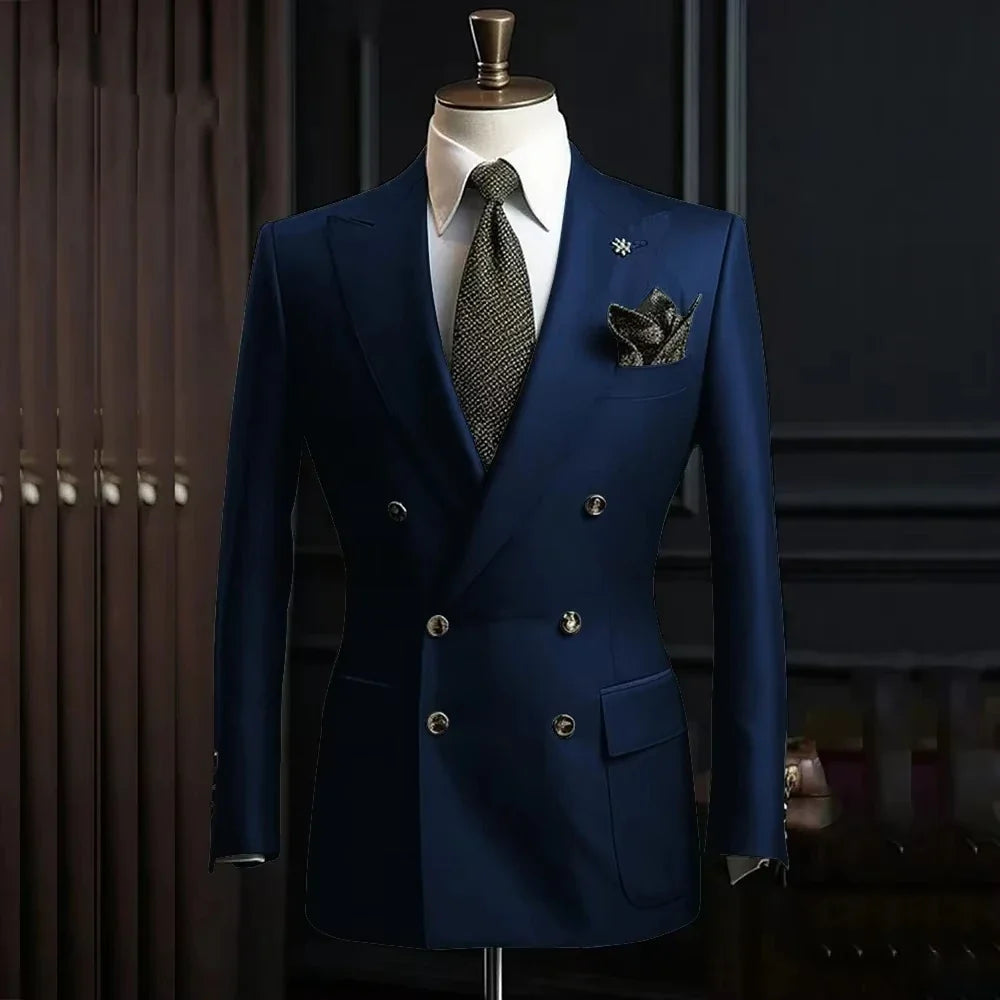 Solid Blazer for Men Peak Lapel Double Breasted Dinner Jacket Elegant Smoking Slim Fit Suit Coat for Wedding/Business Banquet