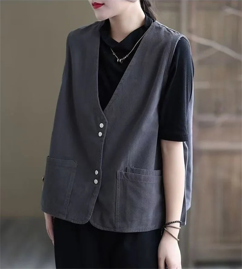 Korean Ladies Solid Color Casual Sleeveless Jacket Autumn Women V-neck Loose Waistcoat Coat Spring Female Fashion Vest Outwear