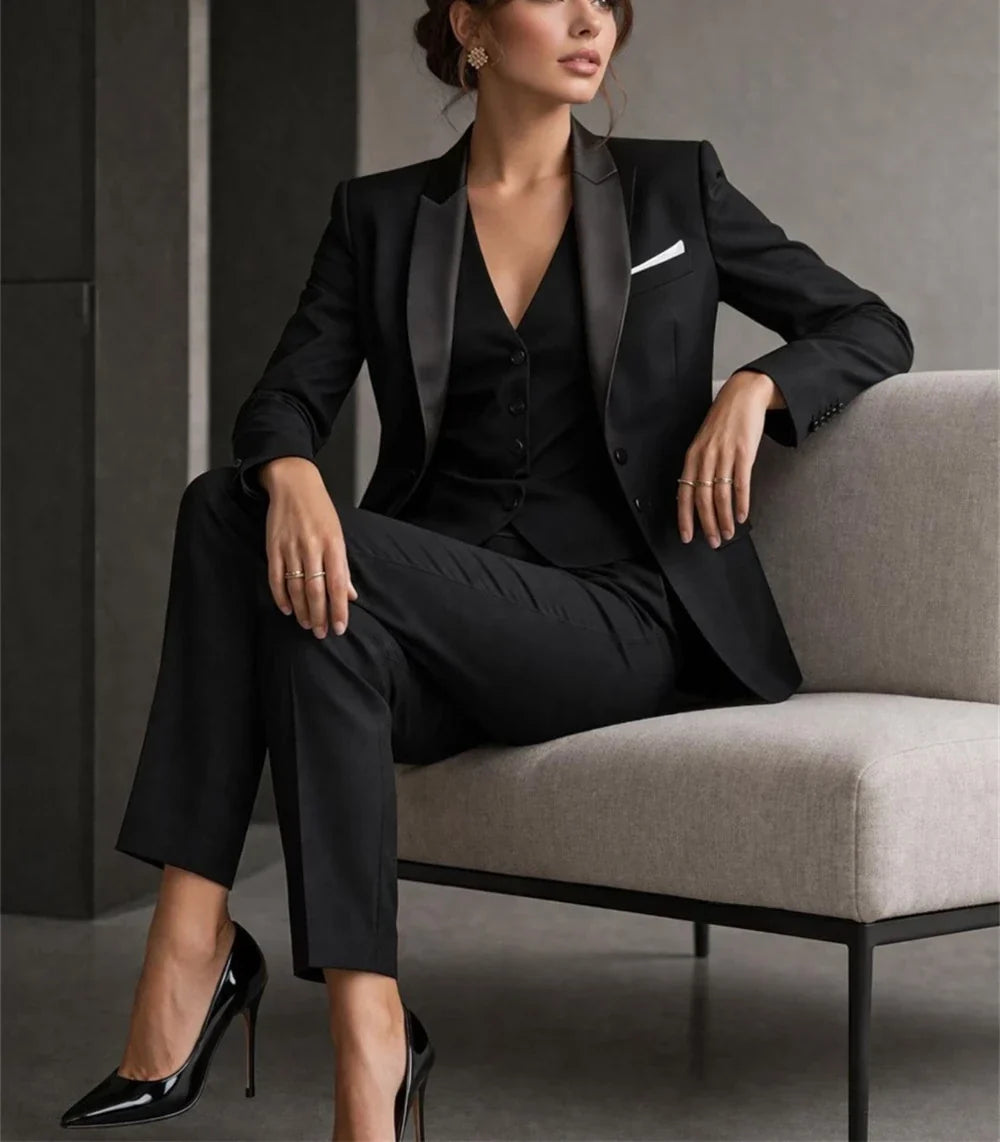 Luxury Women's Black 3-Piece Suit Elegant Suit with Satin Collar Wedding Guest Formal Suit Business Wear (Jacket+Vest+Pants)
