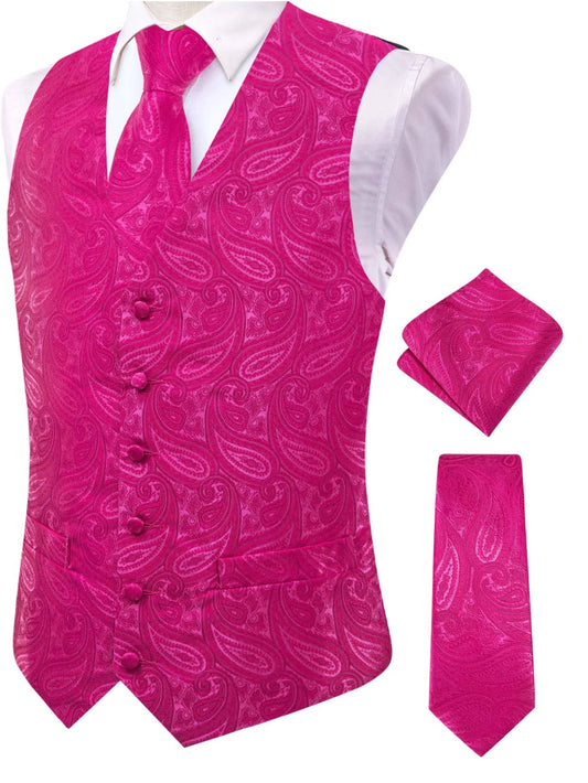 Men's Jacquard Vest 3-Piece Set – Wedding Formal Vest with Tie & Pocket Square