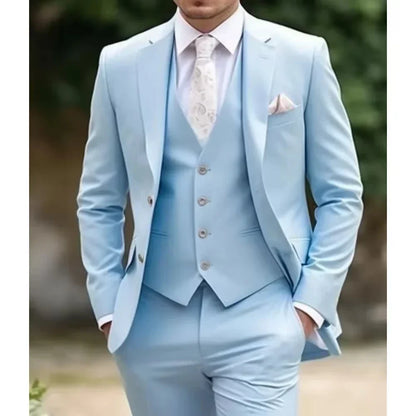 Sky Blue Solid Men Suits Formal Casual Smart Wedding Groom Tuxedo Notch Lapel Single Breasted Male Suit 3 Piece Set
