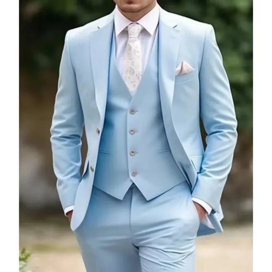 Sky Blue Solid Men Suits Formal Casual Smart Wedding Groom Tuxedo Notch Lapel Single Breasted Male Suit 3 Piece Set