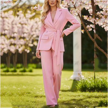 Classy Pink Women Suit Two Piece(Jacket+Pants) Notched Lapel Fashion Clothes with Belt Modern Fashion Daily Casual Outfit