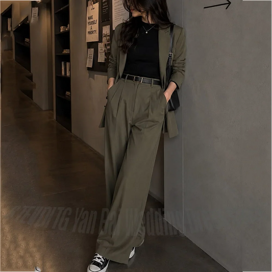 New Arrival Women Suit Single Breasted Blazer Pleated Pants Straight Fit Casual Office Daily Street Commuter Matching Outfit