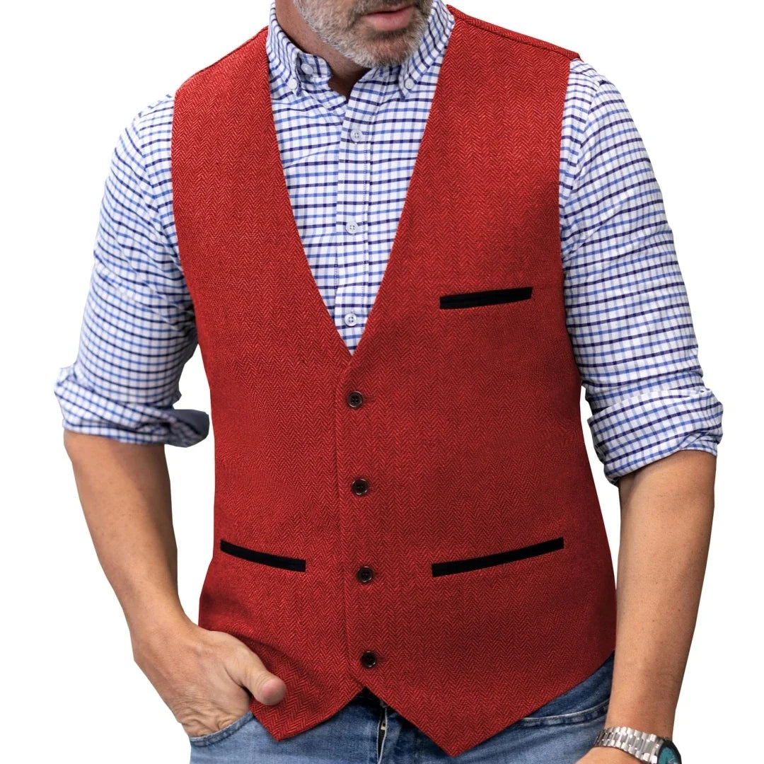 Men's Herringbone Tweed Vest Single Button V-Neck Waistcoat for Weddings and Formal Occasions