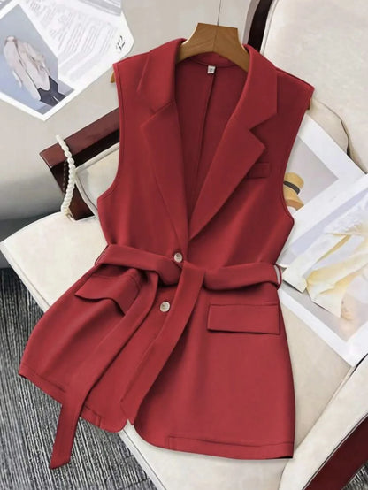 Fashion Sleeveless Slim Suit Collar Women Vest Spring Autumn New Single Breasted Elegant Lace Up Female Versatile Vest Tops 2025