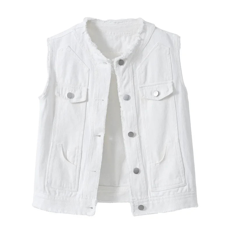 Autumn Women Denim Vests Sleeveless Waistcoat Students Casual Sleeveless Tops Jeans Jackets Pink Yellow White Orange Green 5XL