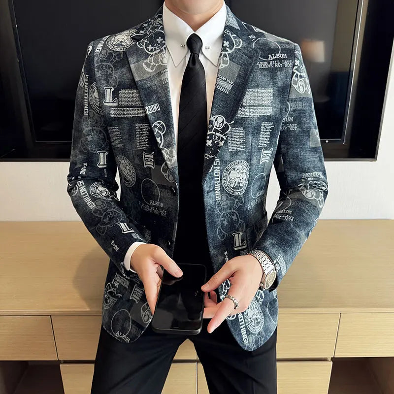 2024 Autumn Winter Jacquard Denim Suit Jacket for Men Fashion Business Casual Blazers Streetwear Social Men Clothing