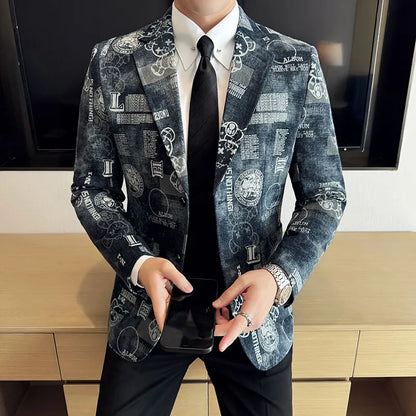 2024 Autumn Winter Jacquard Denim Suit Jacket for Men Fashion Business Casual Blazers Streetwear Social Men Clothing