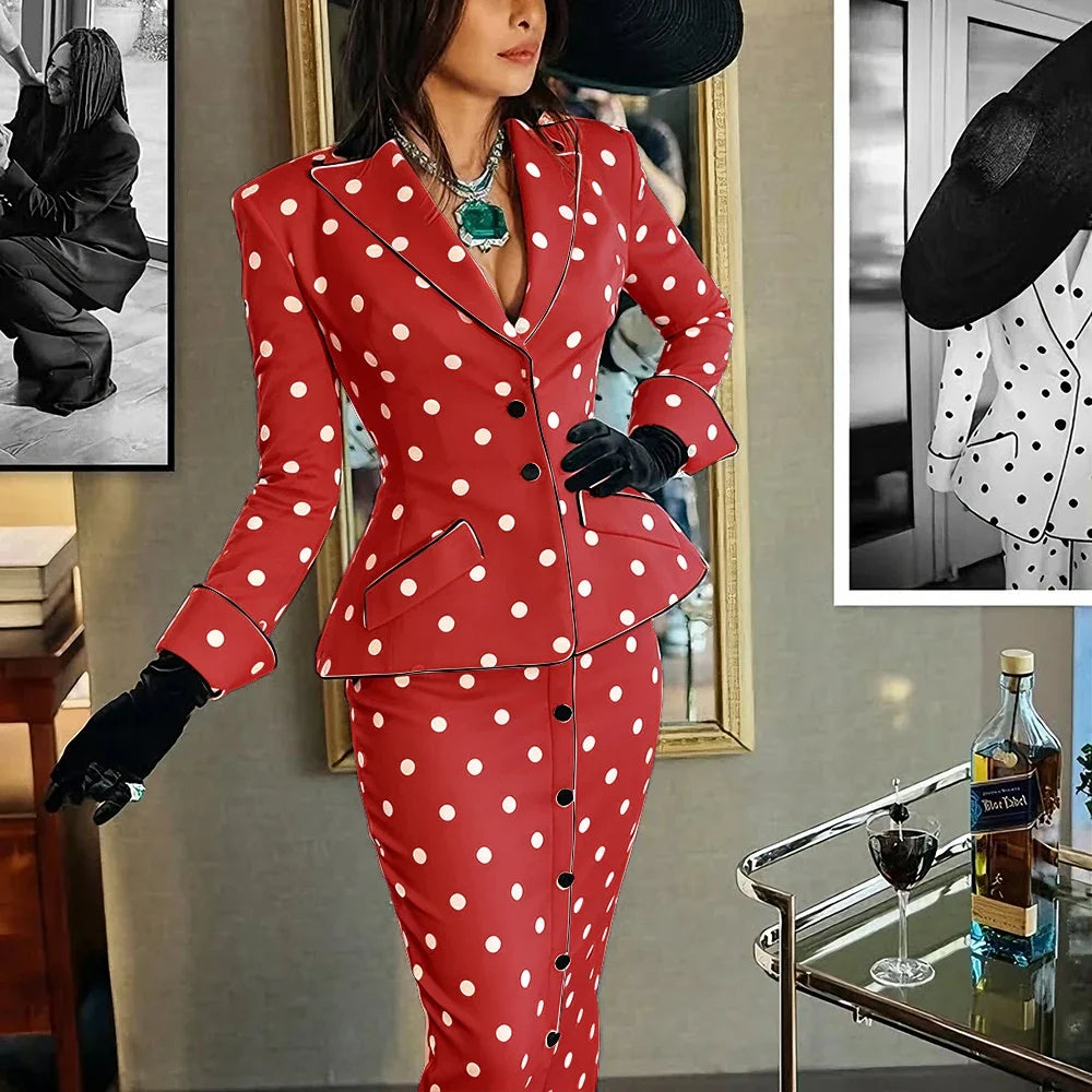 Elegant Polka Dot Woman Clothes Professional Two Piece (Jacket+Skirt) Set for Retro Formal Party Cocktail Evening Streetwear