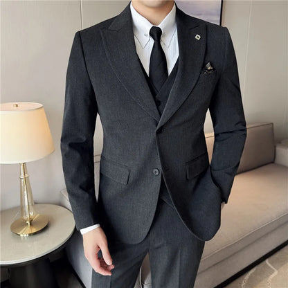 Men's 3 Piece Suit Set Double‑Button Solid Color Slim Fit Business Casual Wedding Banquet Party Jacket Vest Pants Formal Outfit