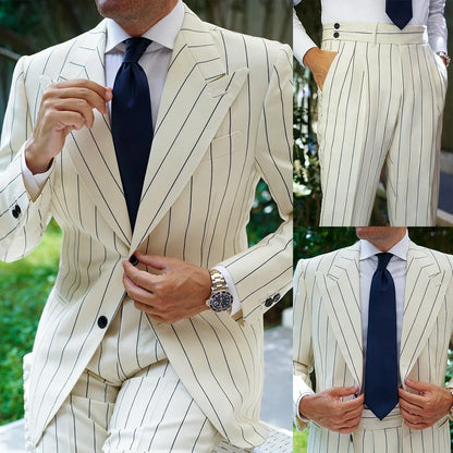 Modern Men's Suit Pinstripe 2 Pieces Blazer Pants Peaked Lapel Business Tuxedo Customized Formal Wedding Groom Costume Homme