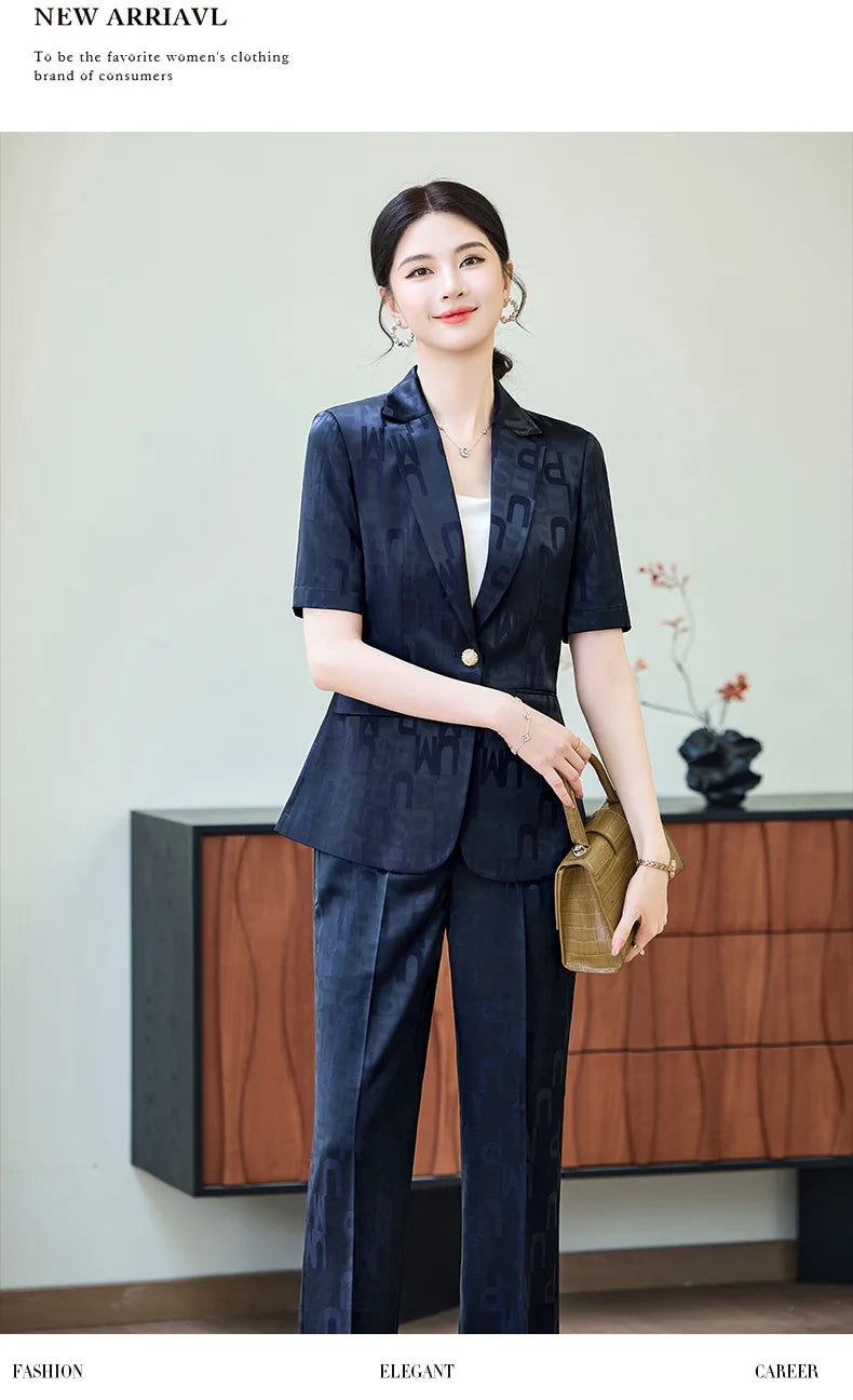 Fashion Letter Print Short Sleeve Professional Suit Women New 2026 Summer Elegant Slim Blazer And Pants Office Ladies Work Wear
