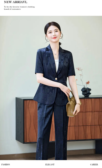 Fashion Letter Print Short Sleeve Professional Suit Women New 2026 Summer Elegant Slim Blazer And Pants Office Ladies Work Wear