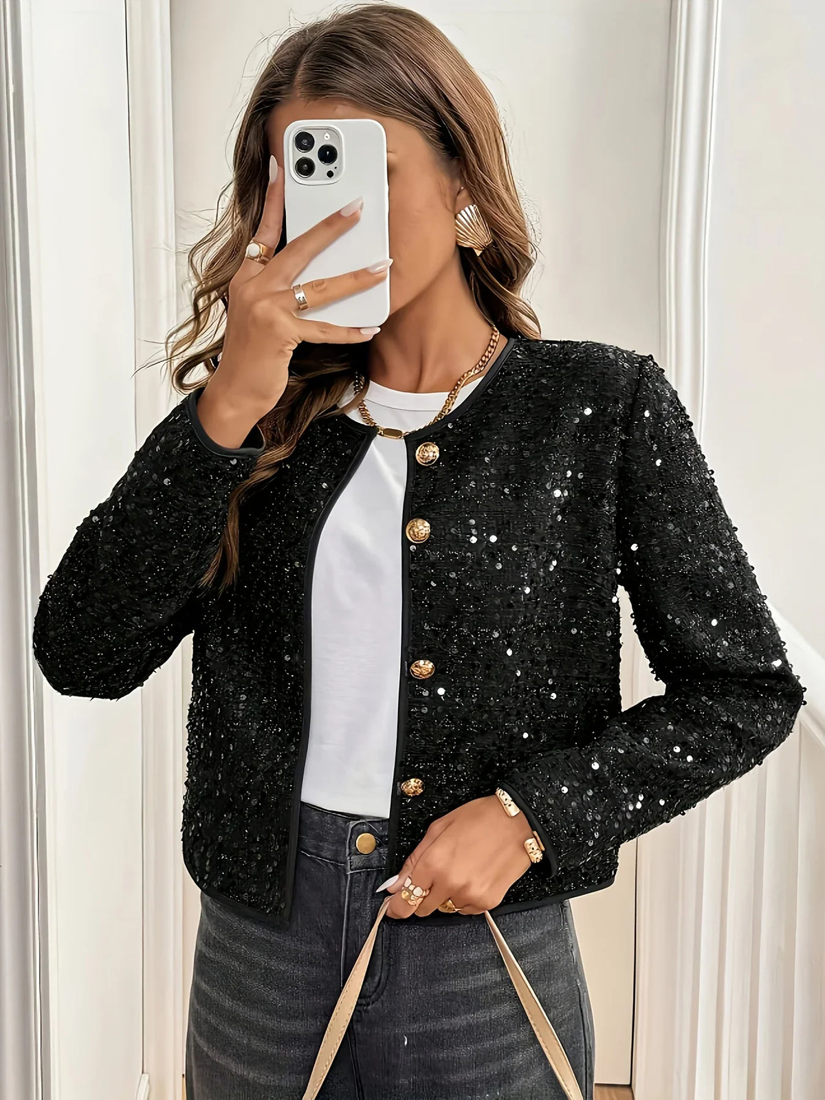 Gold Button Fashion Sequin Short Blazer