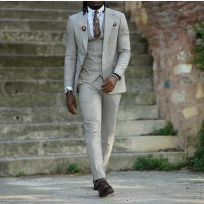 Formal Peak Lapel Tweed Men's Suits Single Breasted Bespoke Slim Fit Male Tuxedos Three Pieces Jacket+Pants+Vest Costume Homme