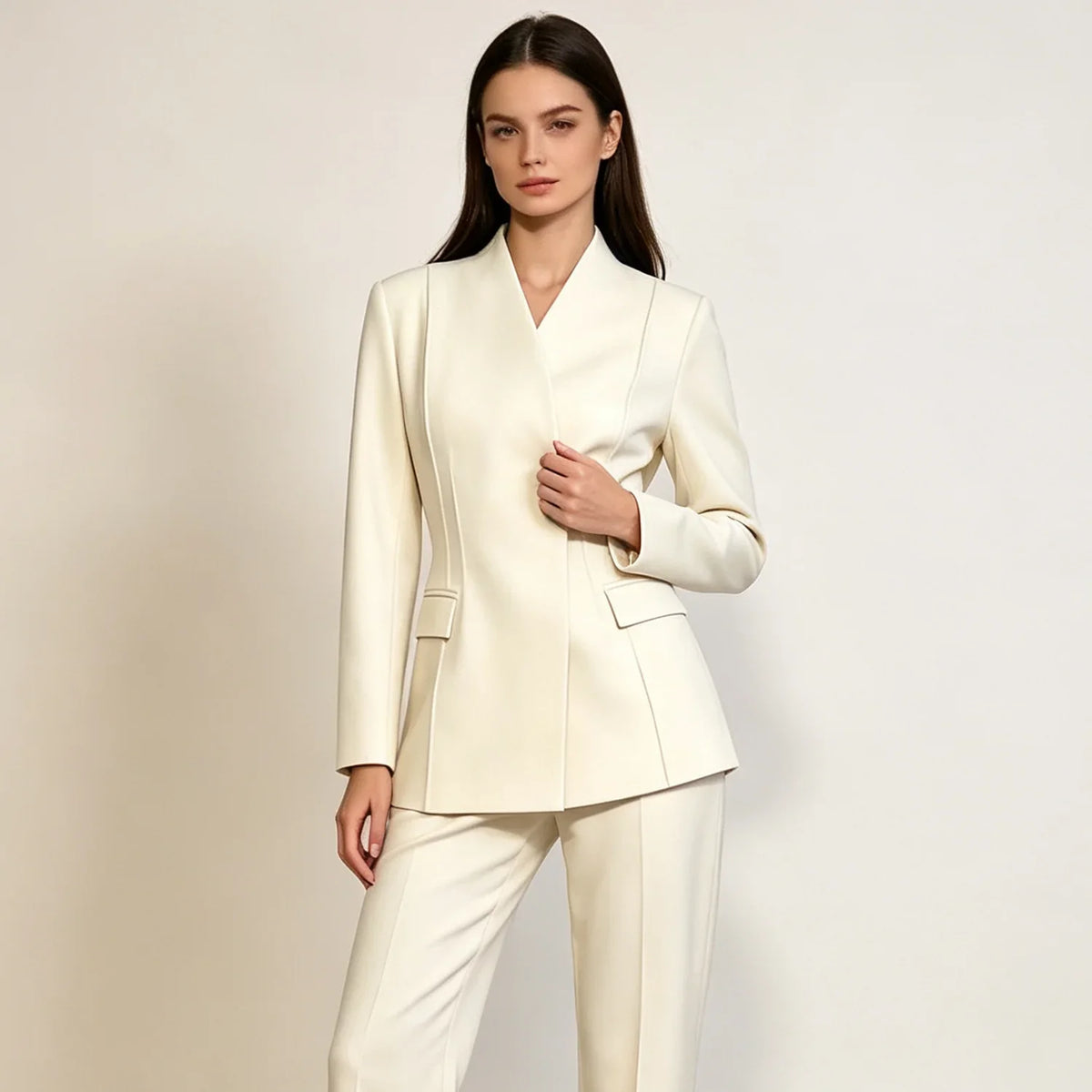 2026 New Women V Neck Blazer No Lapel Waist Shaping Suit Jacket Elegant Office Formal Outerwear 5 Colors