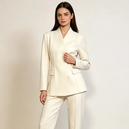 2026 New Women V Neck Blazer No Lapel Waist Shaping Suit Jacket Elegant Office Formal Outerwear 5 Colors
