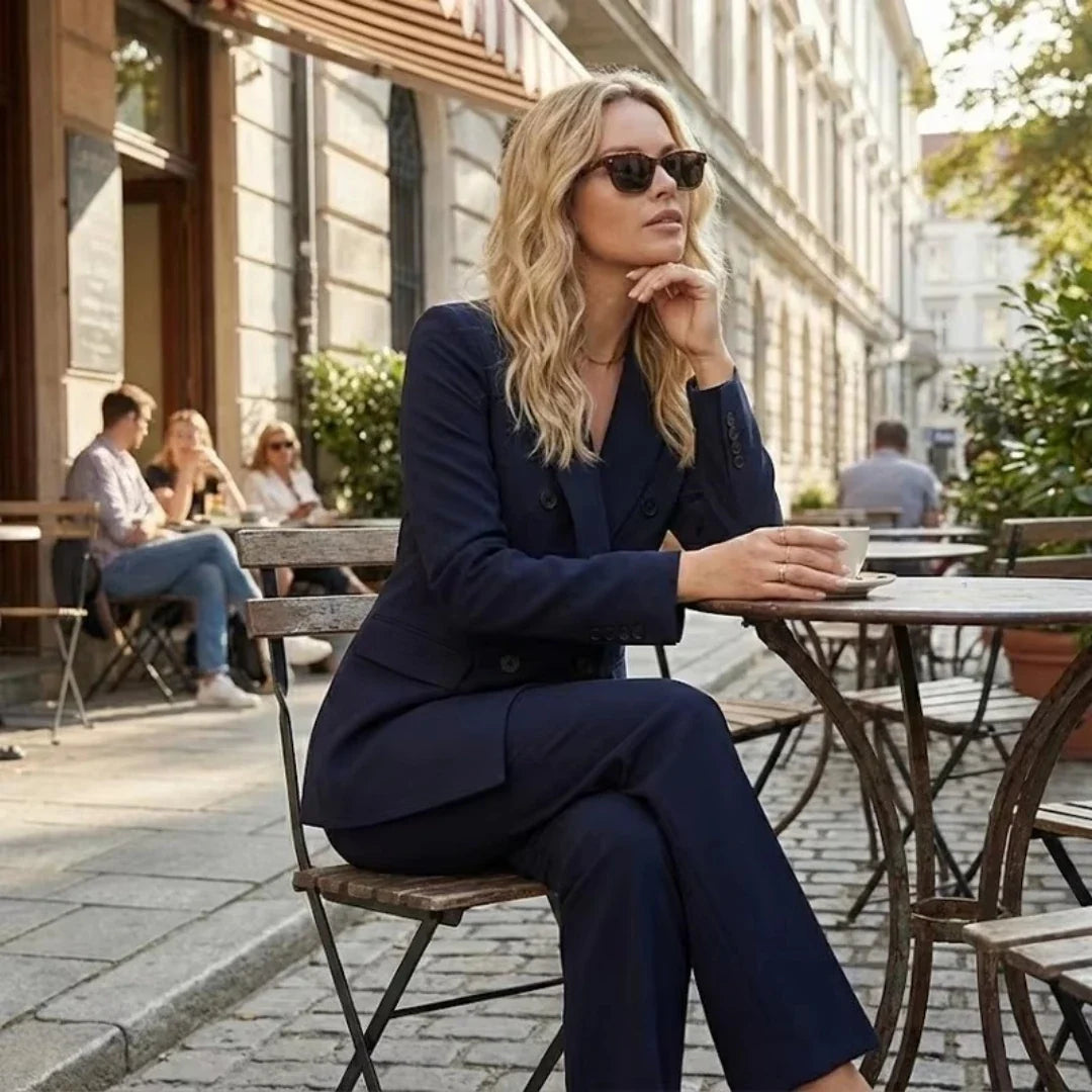 Women's 2 Piece Set Fashionable Long Sleeve Navy Blue Collar V-neck Suit Coat Straight Pants Suit New Matching Sets Office Lady