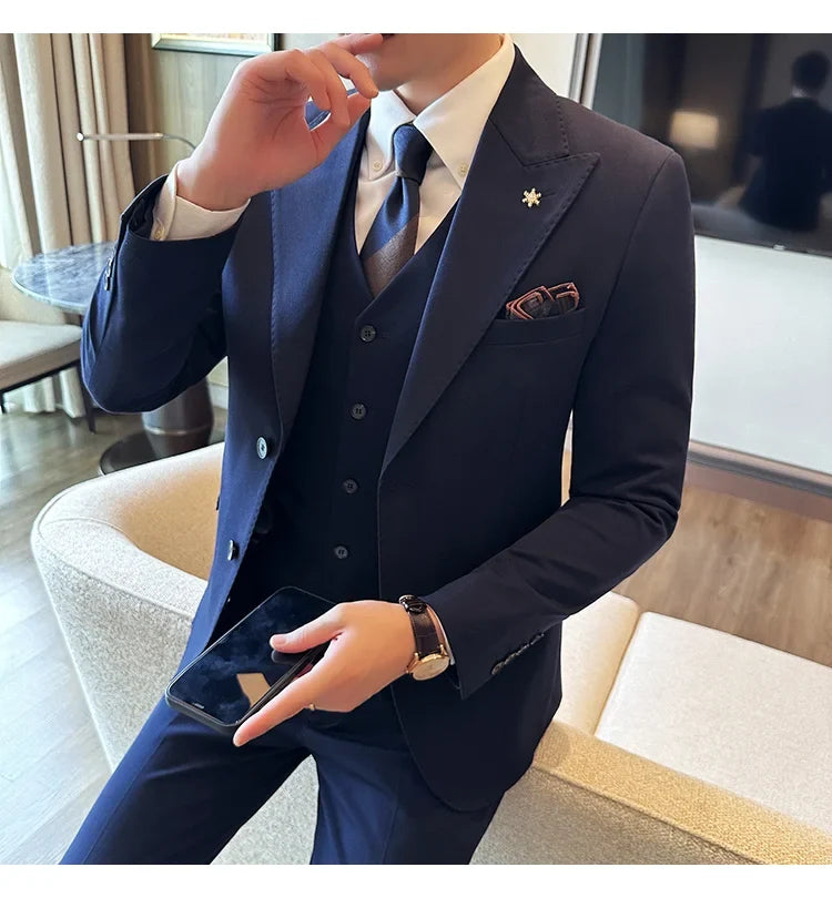 (Blazer + Vest + Trousers) 2024 New Men Formal Business Solid Suit 3 Pieces Set Italian Style Luxury Wedding Social Party Tuxedo