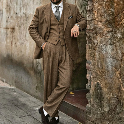 Retro Men's 3 Pieces Tweed Herringbone Suit Slim Fit Peak Lapel Wool Blend Dress Tuxedos For Wedding Groom (Blazer+Vest+Pants)