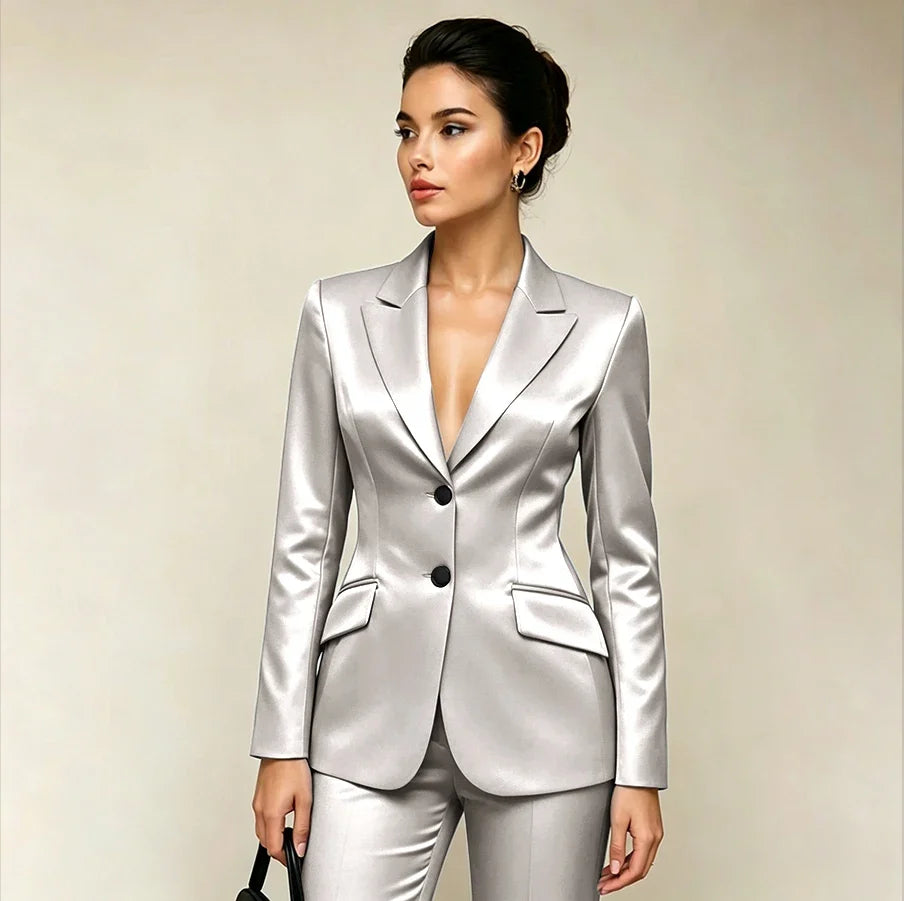 Professional Women’s Black Satin Suit Two Piece (Jacket+Pants) Set for Elegant Formal Party Office Streetwear Fashion Outfit