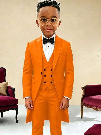 New Boys Long Jacket Vest Pants 3 Pieces Suits Piano Performance Wear Classy Peak Lapel Kid Slim Fit Suit Set For Wedding