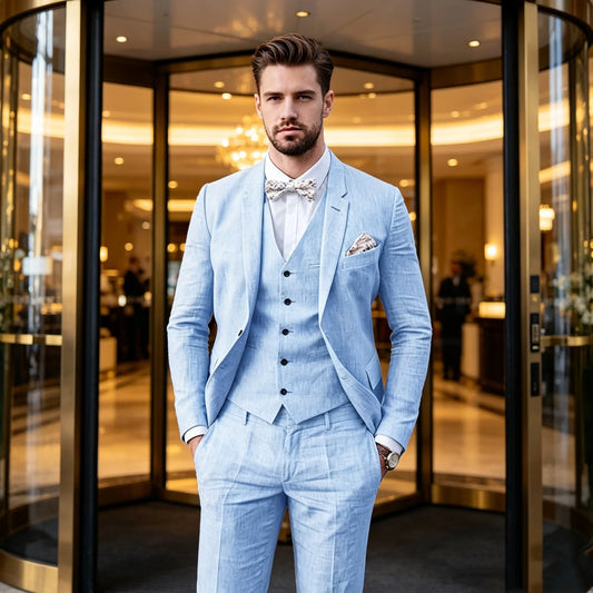 Costume Homme Décontracté 3 Pièces Lin Beige/Bleu Revers Cranté Slim Fit Blazer Gilet Pantalon Haute Qualité Mariage Plage Été Bal