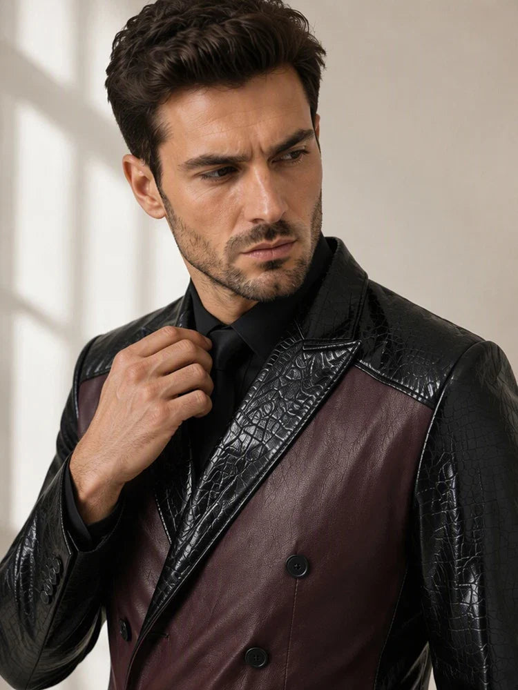 Men Faux Leather Blazer Double Breasted Croc Embossed Patchwork Lapel Collar Slim Fit Jacket Spliced Business Party Outerwear