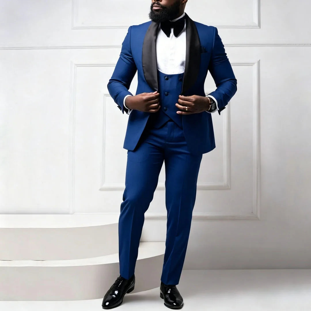 Men Suit Coffee 3 Pieces With Bright Black Lapel For Wedding Birthday Party Banquet Business Work Set Jacket Verst With Pants
