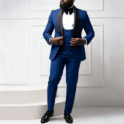 Men Suit Coffee 3 Pieces With Bright Black Lapel For Wedding Birthday Party Banquet Business Work Set Jacket Verst With Pants