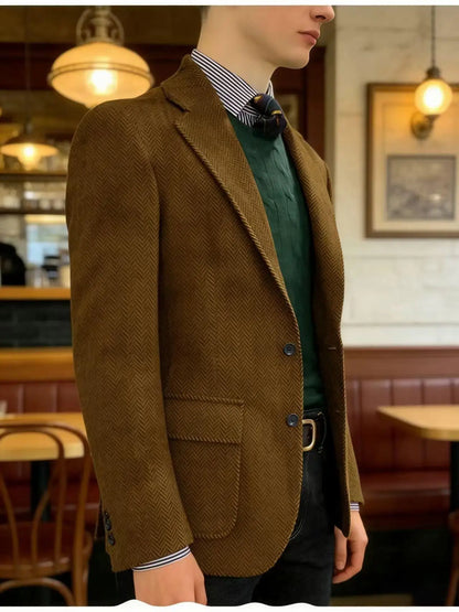 Men's Herringbone Tweed Blazer Classic Fit 2-Button Notch Lapel Flap Pockets Suit Jacket Casual Daily Business Men Sport Coat