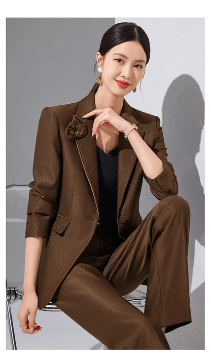 Women Blazer Pants Sets Apricot Appliques Two Pieces 2024 Autumn Work wear Trousers Formal Solid Color Long Sleeve Tops Pantsuit