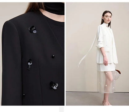 Women's Jacket 2026 Autumn New Elegant Commuter Beaded Flower Chiffon Streamer Tie Blazers Solid Loose V-Neck Top 12641078