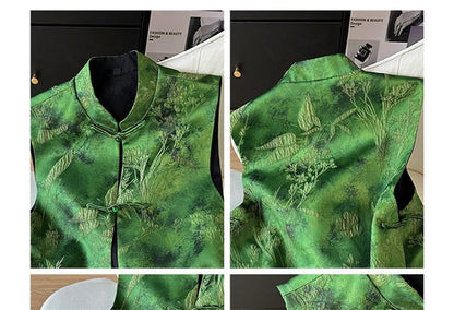 2025 Retro Chinese Literature Green Jacquard Vest Classical Chic Versatile Waistcoat Female Sleeveless Singlet Tops
