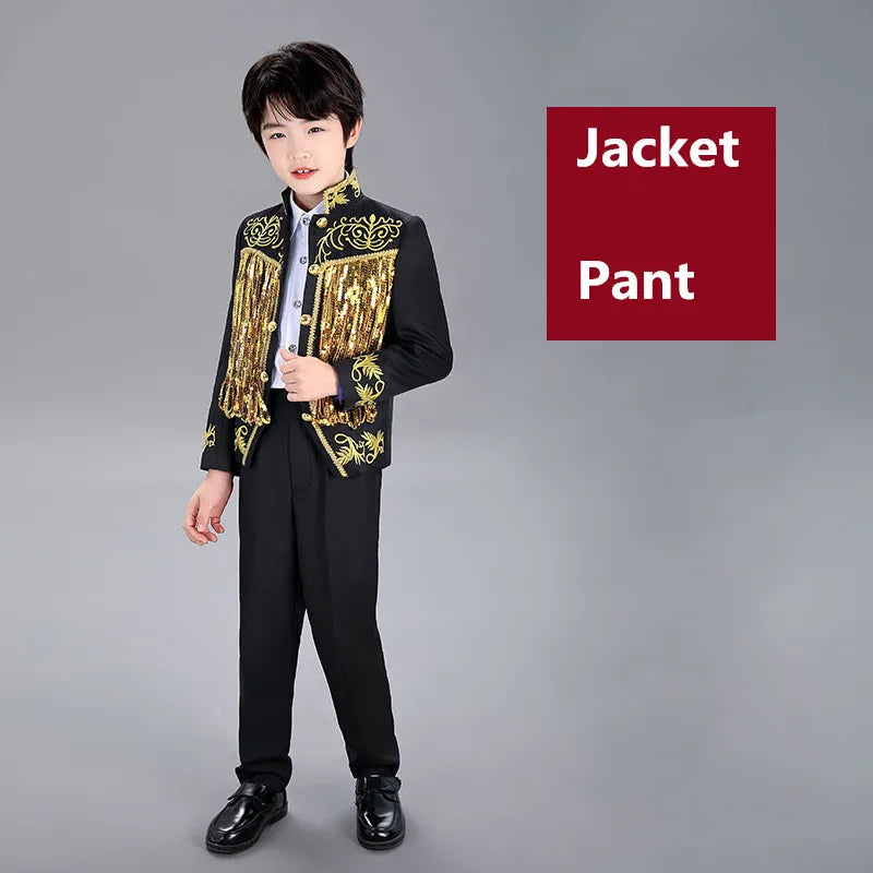 Boys Sequenant 2 Pieces/Set Jacket Pants Embroidery Paino Host Performance Dress Kids Stage Show Photography Suit Children's Set