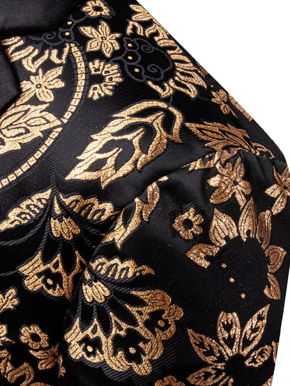 Gold Sunflower Pattern Jacquard Men Tuxedo Blazer, Black Satin Shawl Lapel Single Button Suit Jacket Formal Party Wear