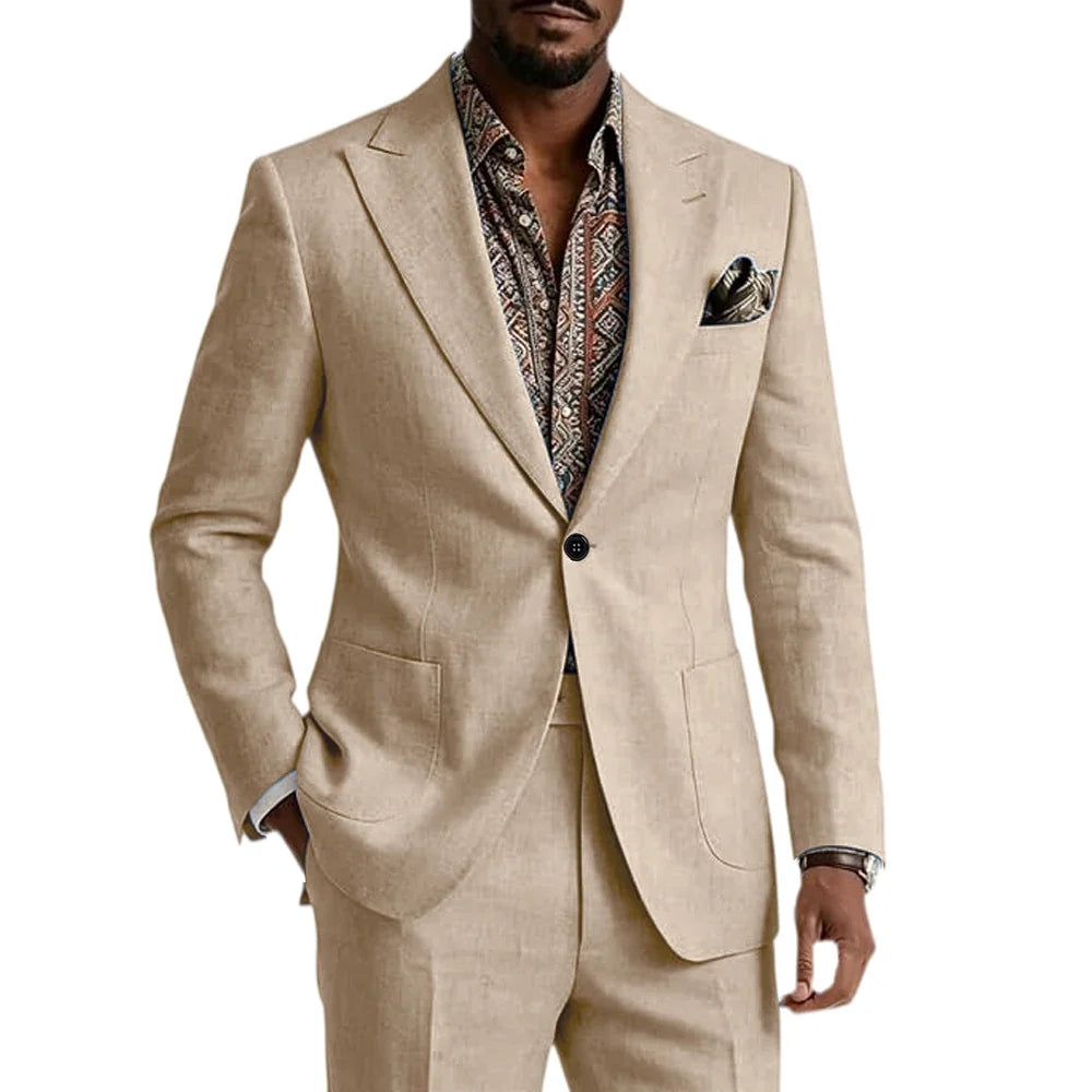 Men's Linen Blend Suit 2 Pieces Set Solid Color Peak Lapel Slim Fit One Button Jacket Pants Formal Outfit Wedding Business Casua