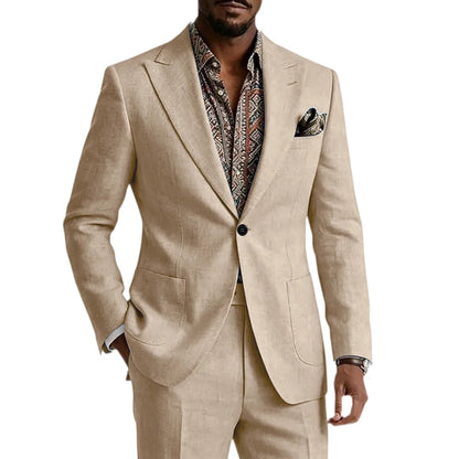 Men's Linen Blend Suit 2 Pieces Set Solid Color Peak Lapel Slim Fit One Button Jacket Pants Formal Outfit Wedding Business Casua