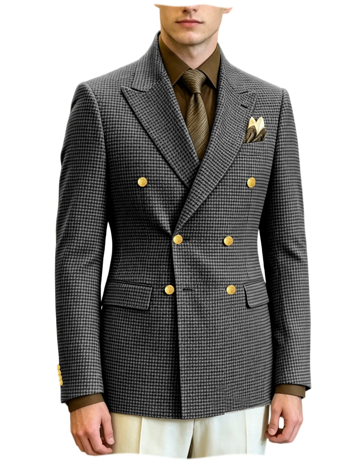 Men's Houndstooth Double Breasted Blazer Vintage Slim Jacket  Fit Formal Business Wedding Party Coat For Men Autumn Winter