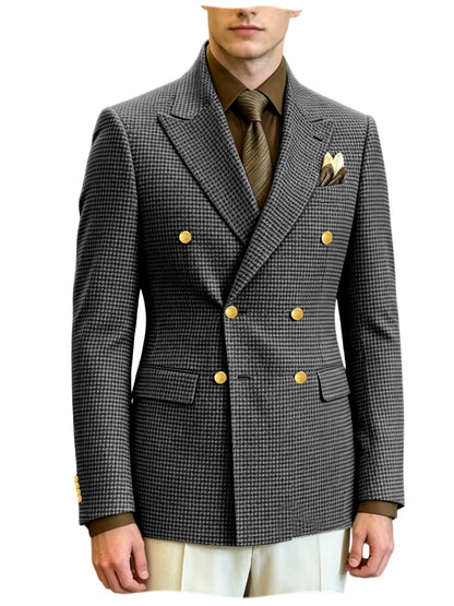 Men's Houndstooth Double Breasted Blazer Vintage Slim Jacket  Fit Formal Business Wedding Party Coat For Men Autumn Winter