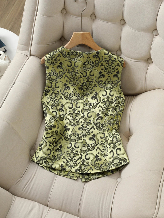 Women's Vintage Jacquard Vest in Green - Elegant Baroque Print Button-Up Waistcoat Luxury Satin Jacquard Vest with Ornate