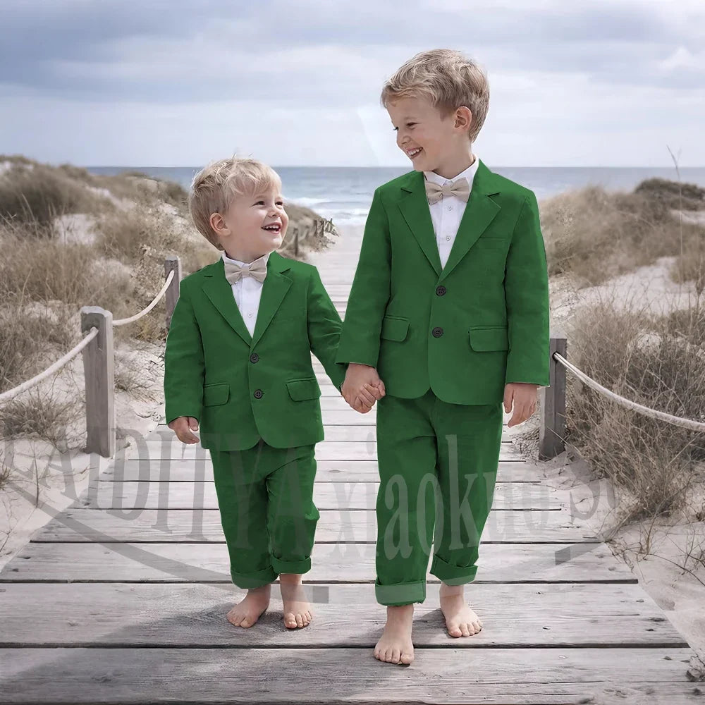 Beige Linen 2 Pieces Boys Suit Jacket Pants Kids Ring Bearer Outfit Breathable Summer Beach Wedding Birthday Party Costume