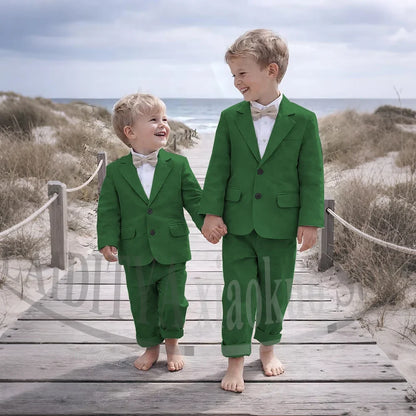 Beige Linen 2 Pieces Boys Suit Jacket Pants Kids Ring Bearer Outfit Breathable Summer Beach Wedding Birthday Party Costume